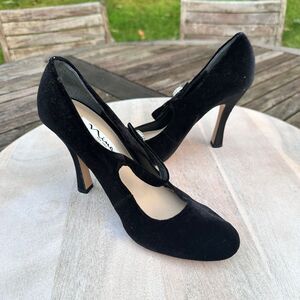 Nina Womens Mary Jane Pumps Size 8.5 M Black Suede Round Toe Rhinestone Button
